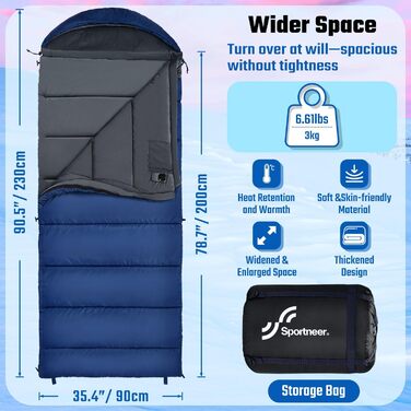 Сплячий мішок 0°C XXL 230 x 90 см. Знімний капюшон, м'яка підкладка для дорослих