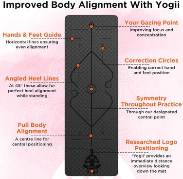 Килимок для йоги Yogii - 183x61x0.6 см. Преміум TPE, чорний/оранжевий. Килимок для фітнесу, гімнастики, спорту