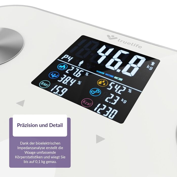 TrueLife FitScale W6 Bluetooth ваги з аналізом імпедансу, 19 показників тіла, LCD-дисплей, 8 користувачів, білий