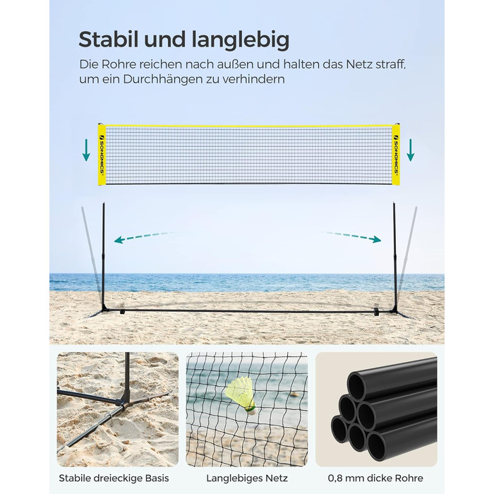 SONGMICS М'язова сітка для бадмінтону та волейболу, регульована висота, переносний набір для тенісу, пляжного волейболу, для саду, парку, на відкритому повітрі (4 м, жовта)