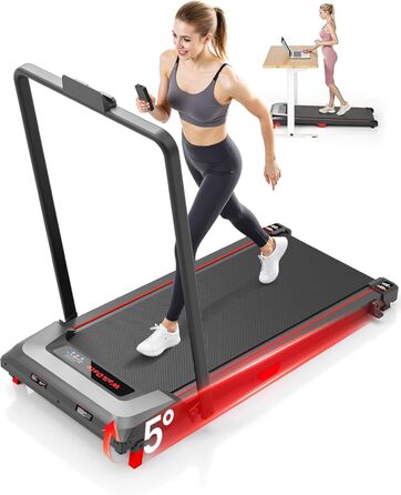 Біговий доріжки з нахилом 5%, компактний під стіл для дому та офісу, портативна бігова машина з LED дисплеєм, пульт дистанційного керування, вантажопідйомність 150 кг, 2.5HP тихий двигун (Чорний/Червоний)