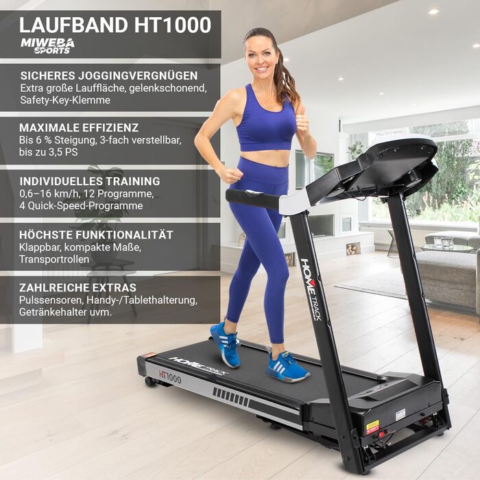 Електрична бігова доріжка Miweba Sports HT1000, 3,5 к.с., 16 км/год, 6% нахил, 120 кг, складана, велика бігова поверхня, 16 програм, для дому, біла