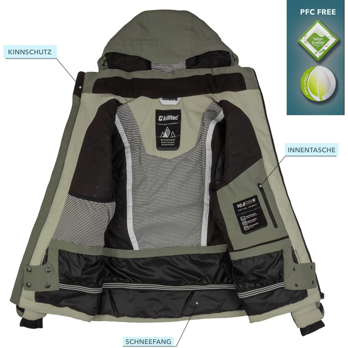 Жіночий гірськолижний костюм Killtec - комплект куртки та штанів, водонепроникний та дихаючий, 10000 мм водяного стовпа, без PFC, куртка зі снігозахисним манжетом, штани з кантозахистом (36, 2 частини, салатовий)