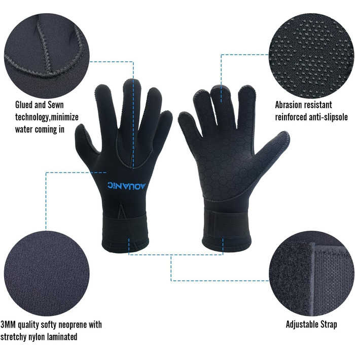 Нейтрик Неопренові рукавички для дайвінгу 3мм, чорні. Рукавички для дайвінгу та снорклінгу для чоловіків та жінок. Захист від холоду, антиковзаюча поверхня, регульований манжет.