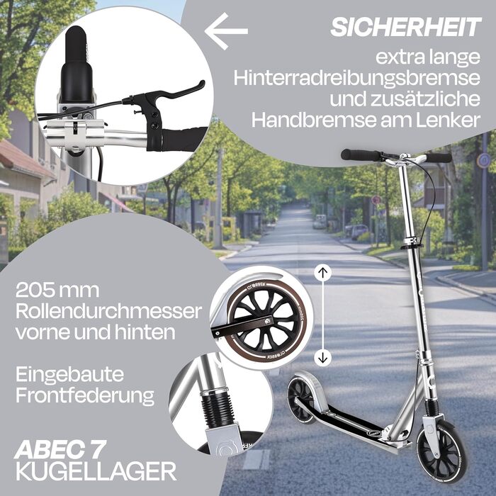 Роликовий самокат GLOBBER NL 205 – для дітей від 8 років, підлітків та дорослих, регульована висота, колеса 205 мм, ABEC 7, вінтажний сріблястий