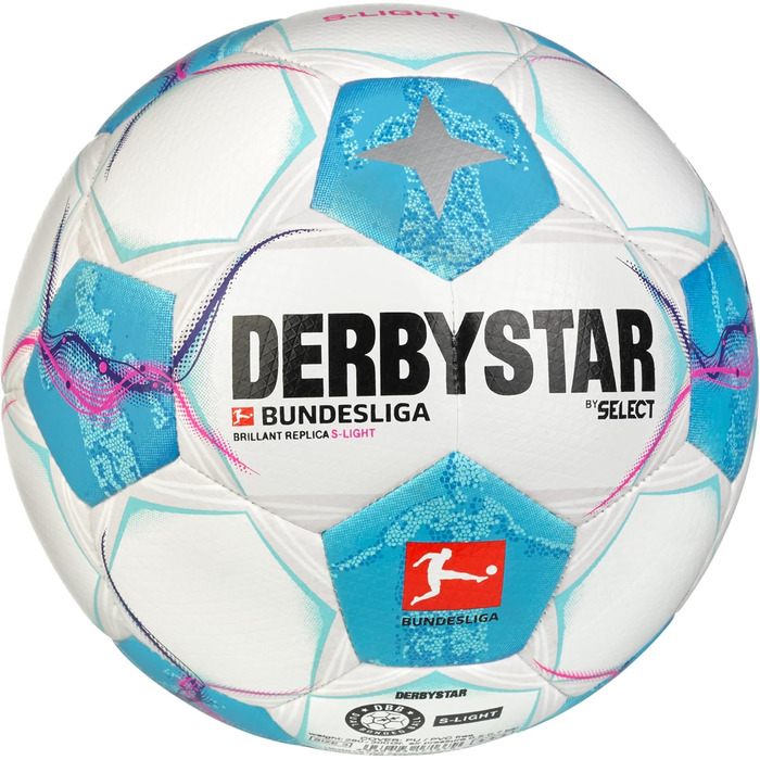 Футбольний м'яч Derbystar Bundesliga Brillant Replica S-light V24, розмір 4, білий/синій/рожевий, для юнаків, унісекс