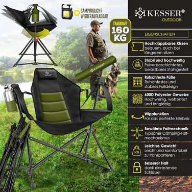 Крісло для кемпінгу KESSER® Schaukelstuhl: складне, з підсвічуванням та тримачем для напоїв, до 160 кг, Хакі/Чорний