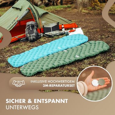 Килимок туристичний надувний NaturBummler® Cloud Nap+ (195x56 см) – для кемпінгу, трекінгу, фестивалів. Легкий, водонепроникний, компактний, зелений.
