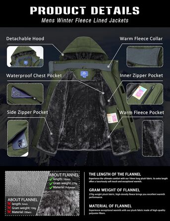 Зимова куртка для чоловіків, сноубордистська куртка, тепла, водонепроникна, для активного відпочинку, вітронепроникна знімною капюшоном (L, армійний зелений)