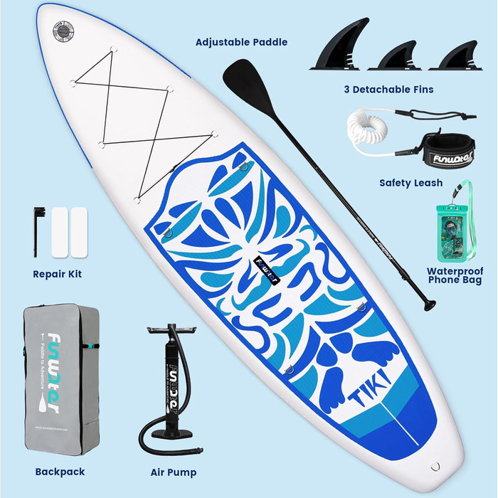 Надувний SUP Борд FunWater 10'6'-11'6' – для всіх рівнів майстерності, з антиковзким EVA-деком, веслом, насосом та аксесуарами. Рожевий/Блакитний (10'6-TIKI)