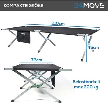 Розкладне ліжко 24MOVE® для кемпінгу та відпочинку на природі, 210x72x45 см, чорне, до 200 кг