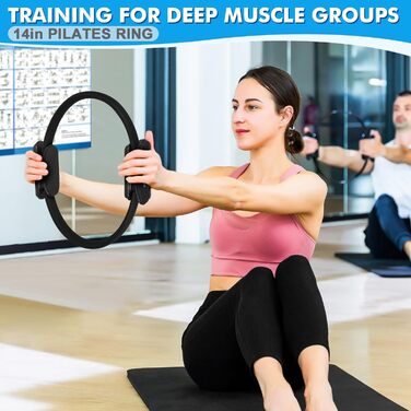 Pilates-кільце Goocrun з гумовими стрічками, м'ячем та слайдерами для фітнесу вдома – комплект з постером (Чорний)