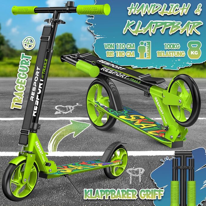 Дитячий та дорослий трюковий самокат Cityroller з дзвіночком та ременем | Регульована висота, складний, до 100 кг | Великі колеса, Kickscooter, Kickroller (Зелений)