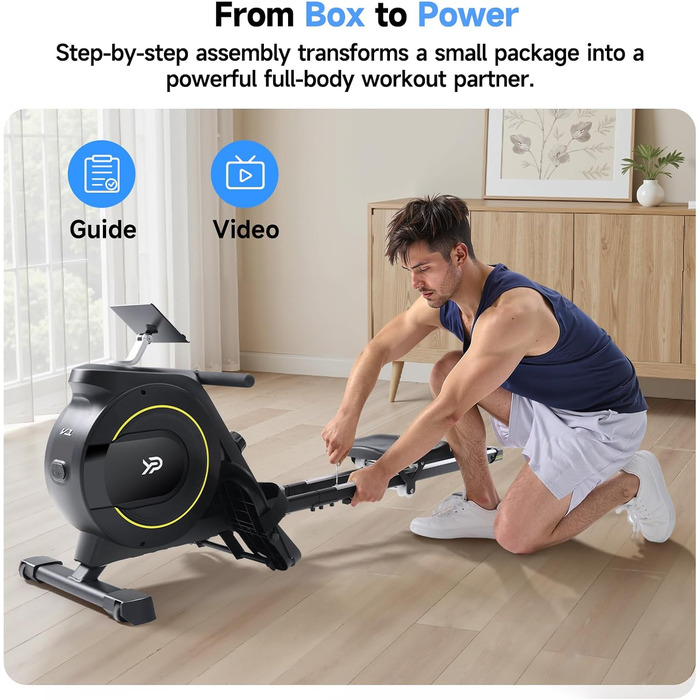 YPOO Гребний тренажер, магнітний тренажер для дому, 16 рівнів тихих налаштувань опору, подвійний направляючий рейк, максимальне навантаження 158.8 кг, сумісний з додатком