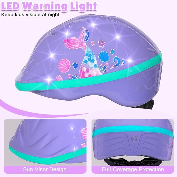 Дитячий шолом та захист для велосипеда/скейтборда, 3-8 років, дівчинка, LED-ліхтарики, регульовані наколінники та налокітники, комплект, фіолетовий, русалка