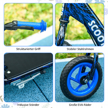 Дитячий самокат, регульована висота керма, з гальмом, підставкою, 2 колеса, сталевий, блакитний