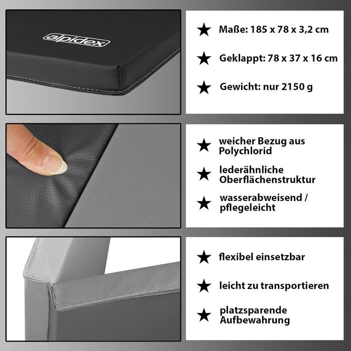 Складаний гімнастичний мат ALPIDEX 185x78x3,2 см, м'який спортивний мат для дому, для дітей і дорослих, сірий