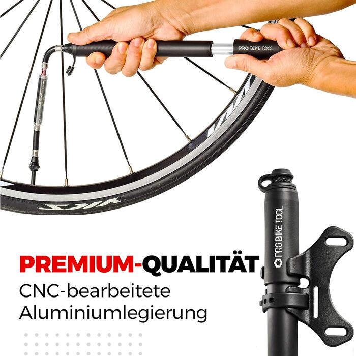 Міні-насос для велосипеда PRO BIKE TOOL з манометром: Presta та Schrader клапани, тиск до 6.9 Bar, легкий, для шосе, MTB, 22.8x7x3 см, чорний матовий