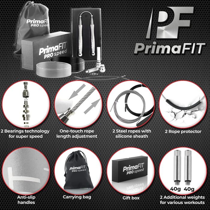 Скакалка PrimaFIT для дорослих 3м, професійна, регульована, з вагами, 2 підшипники, антиковзкі ручки, для боксу, MMA, кросфіту, сталевий трос, з сумкою, срібляста