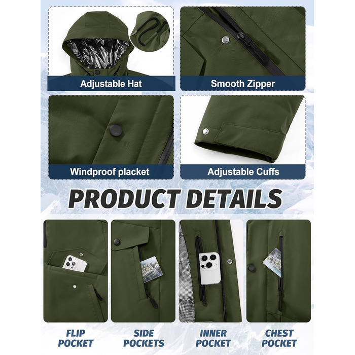 Зимова куртка для чоловіків, водонепроникна, тепла, з капюшоном та компасом (M) - Military Green