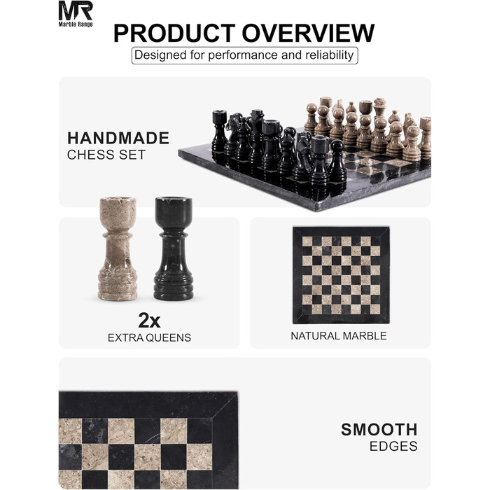 Шаховий набір з мармуру для дорослих, ручної роботи, 32 фігури, 2 додаткові королеви, коробка для зберігання, подарунок, декор (чорний & корал)