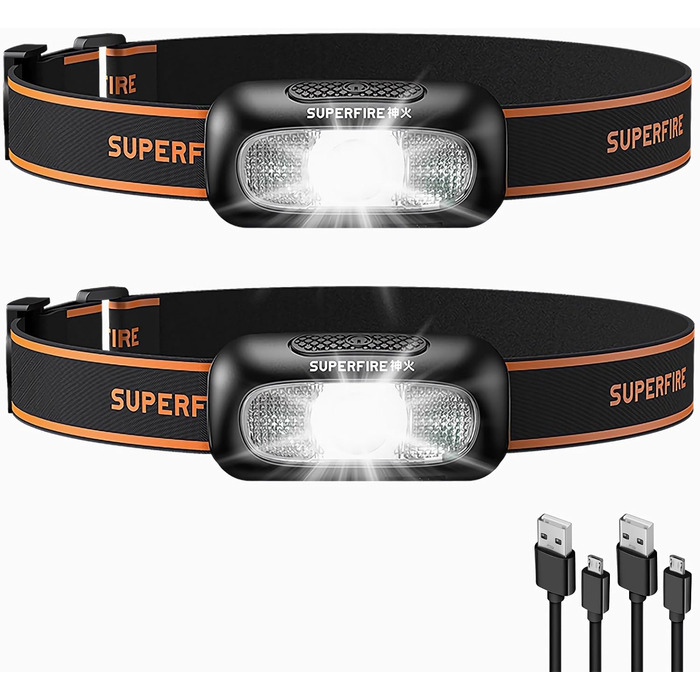 Налобний ліхтар SuperFire LED, 2 шт., перезаряджається USB, з червоним миготком, 5 режимів, регульований, для дорослих та дітей, біг, рибалка, кемпінг, водонепроникний, чорний