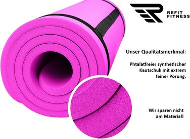 Килимок для гімнастики та йоги REFIT FITNESS Profi 190 x 60 см з PainProtect & SmartCell NBR, 10-15 мм. Нековзкий, для пілатесу, фітнесу, гімнастики. У комплекті: сумка, ремінь. Колір: фуксія