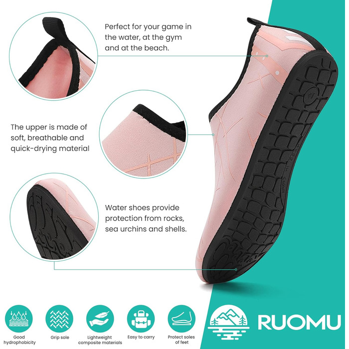 Чоботи для плавання чоловічі та жіночі: легкі, швидковисихаючі, антиковзкі аквашузи для пляжу, басейну, серфінгу (42 EU, 857 Рожевий)