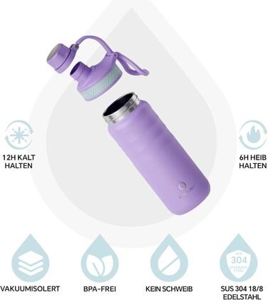 Вакуумна пляшка для води IDEUS 540 мл, нержавіюча сталь, подвійні стінки, спортивна металева фляга з герметичною кришкою, фіолетова