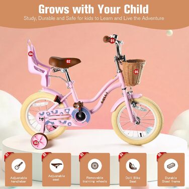 Дитяче велосипед RULLY для дівчаток 12 дюймів з додатковими колесами, кошиком та сидінням для ляльки, регульоване сидіння, 2-7 років, рожевий/фіолетовий/блакитний