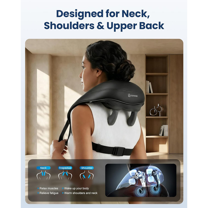 Бездротовий масажер для шиї та плечей COMFIER Shiatsu з підігрівом: 4D глибокий масаж, 3 режими, PU-шкіра, чорний