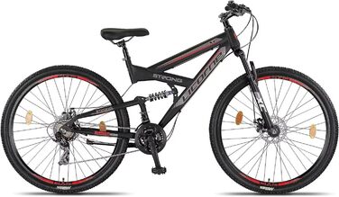 Гірський велосипед Licorne Bike Strong 2D Premium 29 дюймів, чорний/червоний, дискові гальма, 21 швидкість, повна амортизація для юнаків, дівчат, жінок і чоловіків