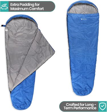 Спальний мішок Mumienschlafsack для дорослих - легкий, компактний, водонепроникний з капюшоном, 220x85см, теплий, пральний, для кемпінгу, походів, подорожей, зелений (королівський синій)