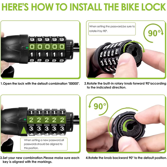 Замок для велосипеда з кодом (14 кольорів), ланцюговий замок, сталевий, висока безпека, A-чорний