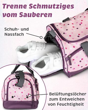 Дитяча спортивна сумка Kinder Sporttasche 25 л для дівчаток - рожево-фіолетовий принт, з відділенням для взуття та мокрих речей, регульований плечовий ремінь