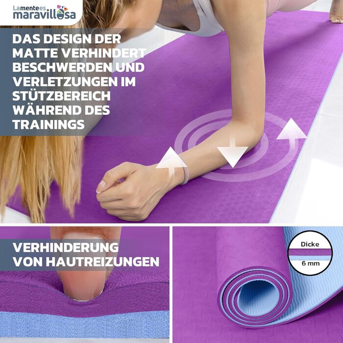 Килимок для гімнастики та йоги LA MENTE ES MARAVILLOSA, антиковзаючий, TPE, 183x61 см, з сумкою та інструкцією, для фітнесу, пілатесу, захист суглобів, фіолетовий + синій