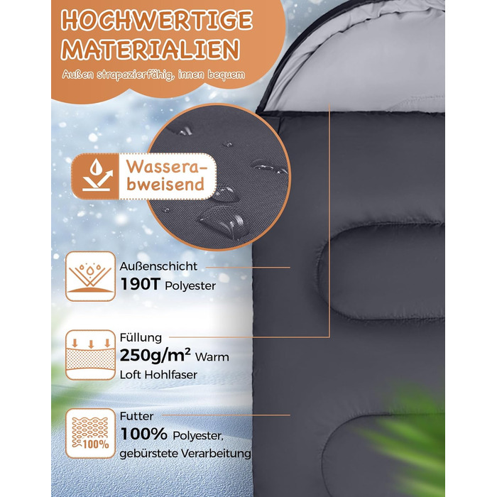 Спальний мішок для дітей KingCamp - легкий, теплий, 3-4 сезони, для кемпінгу та піших прогулянок (сірий, L)