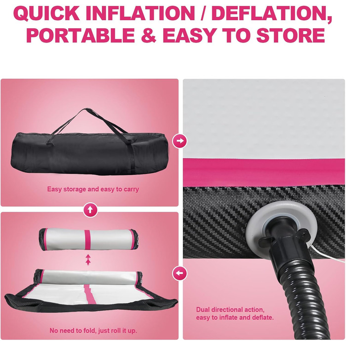 FBSPORT Airtrack Matte -Гімнастичний надувний мат, 600x100x20 см, чорний/рожевий