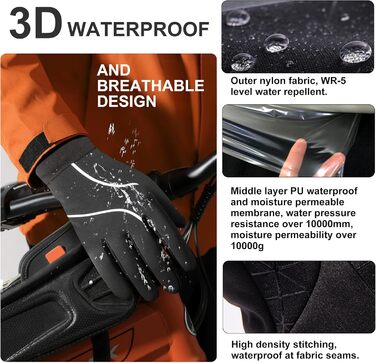 Рукавички зимові Origem Thermo з Thinsulate 3M, водонепроникні велосипедні рукавички, теплі рукавички-лайнери з антиковзким покриттям для сенсорних екранів, чорні, XS