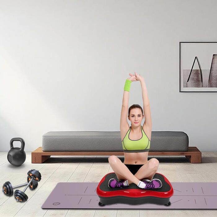 Вібраційна платформа LCD з Bluetooth та USB – Power Plate для фітнесу, тренування всього тіла, схуднення та нарощування м'язів, домашнє тренування з пультом дистанційного керування, чорний/червоний