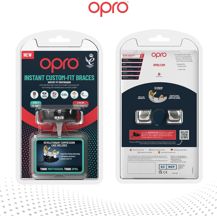 Капа для фіксованих брекетів OPRO – захист для боксу, єдиноборств, MMA, хокею та регбі – для дорослих та дітей від 10 років – миттєва адаптація – з гарантією стоматолога (чорно-біла)