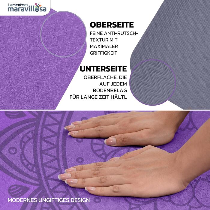 Килимок для гімнастики та йоги з неслизьким покриттям, з сумкою та E-book, 183x61 см, Мандала, фіолетовий + чорний