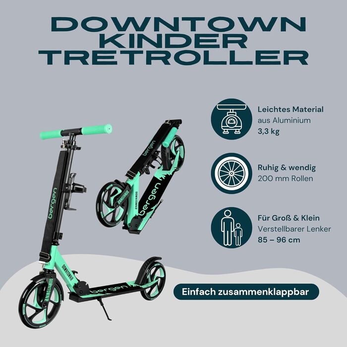 Самокат міський Bergеn City Scooter Downtown, алюмінієвий, складаний, 3.3 кг, колеса 200 мм, регульована висота, для дітей від 6 років, підлітків, дорослих до 100 кг (чорний, зелений)