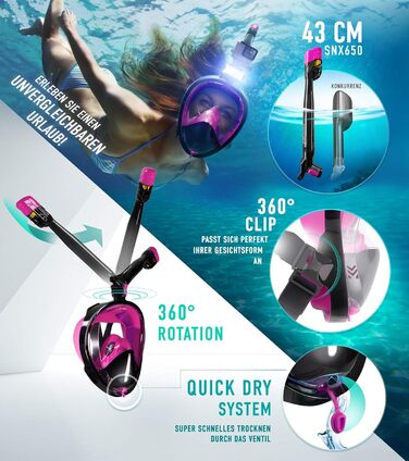 Спортивна CO2-безпечна повнолицева маска для снорклінгу Sportstech SNX650 360° з LED, тримачем для камери, Quick-Clip, EasyBreath, для дітей і дорослих, рожева