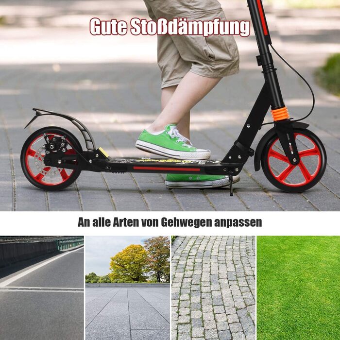 Самокат трюковий GYMAX, регульована висота, складний, з колесами 200 мм, подвійна підвіска, дзвінок та ремінь, до 100 кг, для дітей та дорослих (чорний)