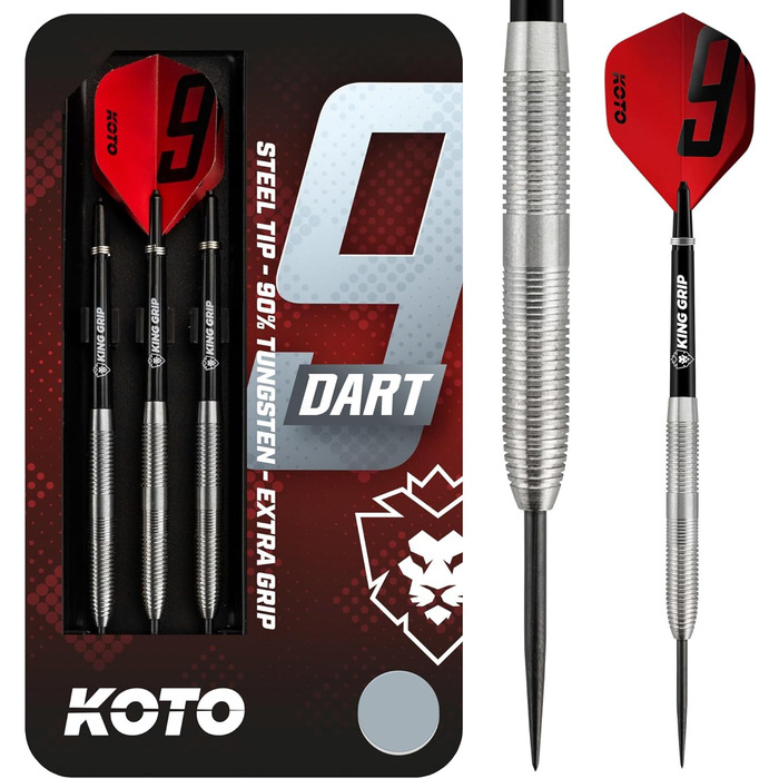 Дротики KOTO 9-Darts 90% 23 г, срібло, набір для професіоналів з 3 барелями, KOTO Flights і шафтами, жорсткий рифлений грип, кейс для дротиків