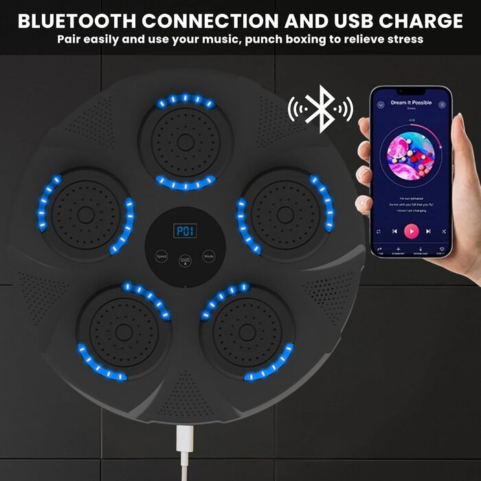 Електронний музичний бокс-тренажер MAGIC SELECT для стіни з LED підсвіткою, Bluetooth, рукавичками, 2 режими, 43x43x5 см