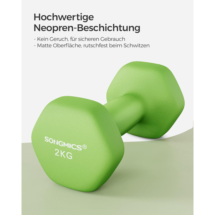 Гантелі SONGMICS 2 шт, неопрено-обробка, шестигранні, 2×2 кг, лимонно-зелені, для фітнесу та силових тренувань вдома