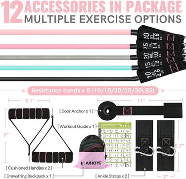 Резинки для фітнесу Aihoye з ручками, еластичні стрічки для тренувань, фітнес-гумки з кріпленням для дверей, для фізіотерапії та силових тренувань (набір макарон 4,5–45,4 кг, 12 шт)