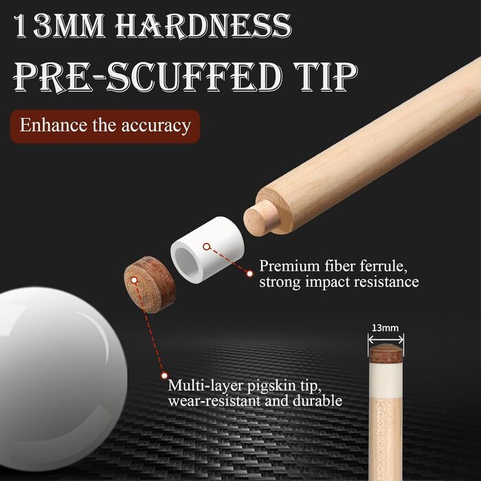 AKLOT Більярдний кий професійний з телескопічним подовженням, канадська береза, кейс, 147 см (58''), 538-595 г